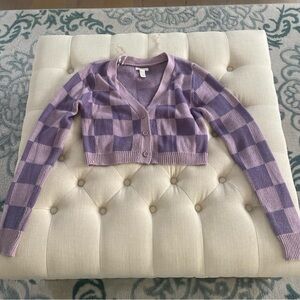 Full Tilt Lavender Check Cropped V-Neck Cardigan